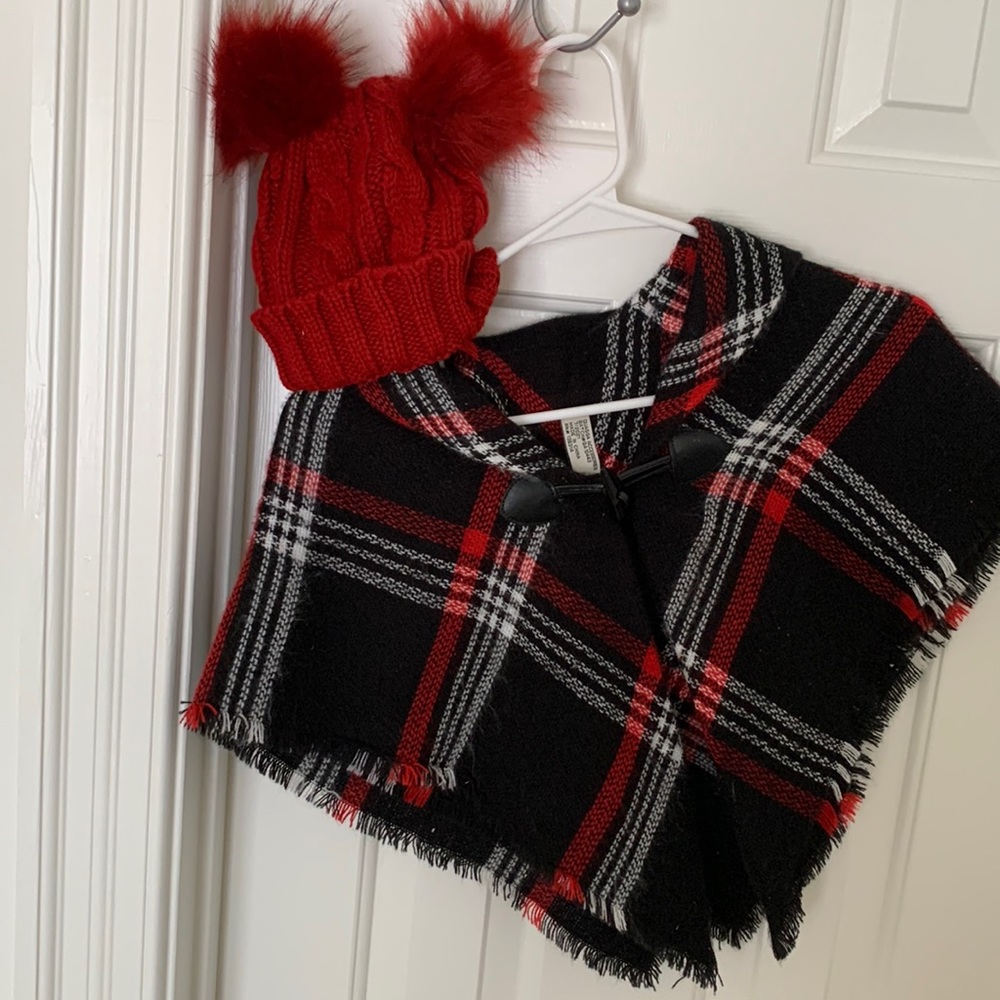 Toddler winter poncho/cape and hat with Pom Pom